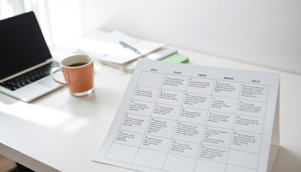 A clean, minimalist office desk with a laptop, a cup of coffee, a planner, and a few colorful sticky notes arranged neatly. Soft, natural lighting bathes the scene, creating a calming, productive atmosphere. In the foreground, a well-organized calendar with various social media post ideas, each section labeled with a dental-related topic. The calendar is the focal point, showcasing a detailed plan for a dental social media content strategy. A clean, minimalist office desk with a laptop, a cup of coffee, a planner, and a few colorful sticky notes arranged neatly. Soft, natural lighting bathes the scene, creating a calming, productive atmosphere. In the foreground, a well-organized calendar with various social media post ideas, each section labeled with a dental-related topic. The calendar is the focal point, showcasing a detailed plan for a dental social media content strategy.
