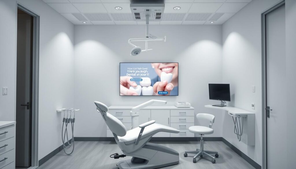 A crisp, clinical dental office interior with a modern, minimalist aesthetic. In the foreground, a pristine dental chair and equipment sit ready for a patient. Soft, directional lighting illuminates the scene, casting subtle shadows. In the middle ground, a large display screen shows a digital advertisement promoting dental services, its design clean and professional. The background features a muted color palette of whites, greys, and subtle blues, evoking a sense of calm and reassurance. The overall scene conveys an image of a technologically-advanced, high-quality dental practice focused on patient comfort and care.