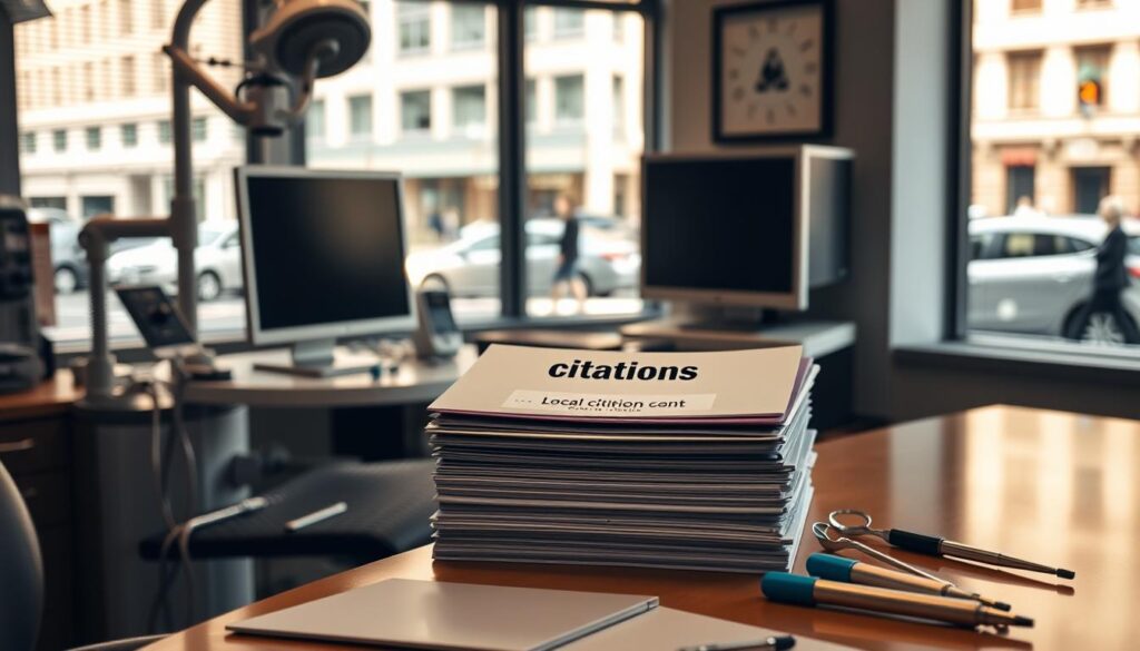 A dental office interior with a desk, computer, and various medical instruments in the foreground. In the middle ground, a stack of documents and filing folders labeled "citations" sits on the desk. The background shows a window overlooking a city street, with passing cars and pedestrians. The lighting is warm and natural, creating a professional yet inviting atmosphere. The overall composition emphasizes the importance of building a strong local citation strategy for the dental practice. A dental office interior with a desk, computer, and various medical instruments in the foreground. In the middle ground, a stack of documents and filing folders labeled "citations" sits on the desk. The background shows a window overlooking a city street, with passing cars and pedestrians. The lighting is warm and natural, creating a professional yet inviting atmosphere. The overall composition emphasizes the importance of building a strong local citation strategy for the dental practice.