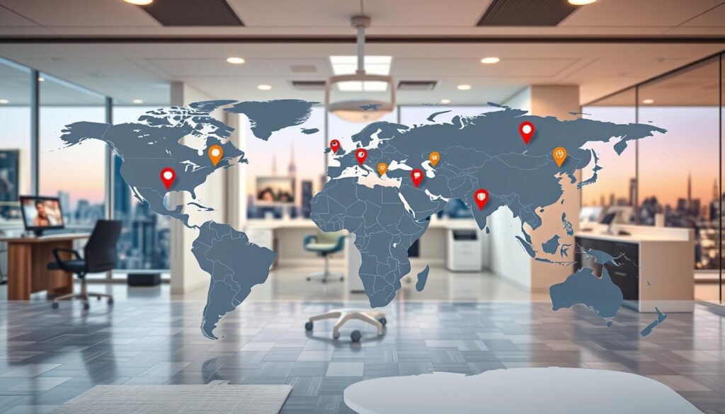 A detailed and strategic world map spanning the foreground, with vibrant geographical markers representing various dental PPC targeting locations. The middle ground showcases a modern dental office interior, equipped with cutting-edge technology and imagery related to online advertising. The background features a cityscape skyline, symbolizing the broader urban context of dental practices and their digital marketing efforts. The lighting is warm and inviting, creating a professional yet approachable atmosphere. The overall composition conveys the comprehensive nature of geo-targeting strategies for effective dental PPC campaigns. A detailed and strategic world map spanning the foreground, with vibrant geographical markers representing various dental PPC targeting locations. The middle ground showcases a modern dental office interior, equipped with cutting-edge technology and imagery related to online advertising. The background features a cityscape skyline, symbolizing the broader urban context of dental practices and their digital marketing efforts. The lighting is warm and inviting, creating a professional yet approachable atmosphere. The overall composition conveys the comprehensive nature of geo-targeting strategies for effective dental PPC campaigns.