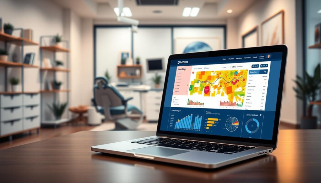 A detailed heatmap analysis of a dentist's website, showcased in a sleek, modern design. The foreground features a laptop screen displaying vibrant heatmap visualizations, with data points and clusters highlighting high-engagement areas. The middle ground includes a stylized dentist's chair and dental tools, reflecting the medical context. The background subtly blends professional office elements like shelves, plants, and neutral-toned decor, creating a polished, clinical atmosphere. Warm, directional lighting emphasizes the heatmap data, while a wide-angle lens captures the comprehensive scene. The overall mood is one of data-driven, cutting-edge dental website optimization.