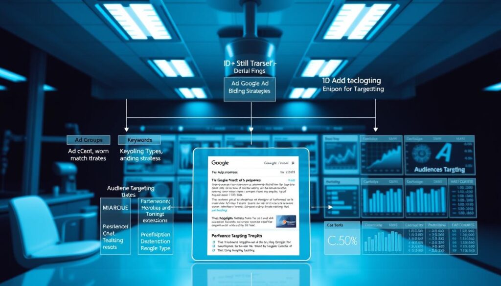 A detailed technical diagram depicting the key components of a successful dental Google Ads campaign. In the foreground, a clear visual hierarchy showcasing the campaign structure, including ad groups, keywords, match types, and bidding strategies. The middle ground features a close-up view of the ad creation process, highlighting headline, description, and extension elements. In the background, a grid-like layout of performance metrics and audience targeting data, all bathed in a cool, clinical lighting scheme reminiscent of a dental office. The overall aesthetic conveys a sense of professionalism, data-driven decision making, and attention to detail essential for optimizing dental Google Ads campaigns.