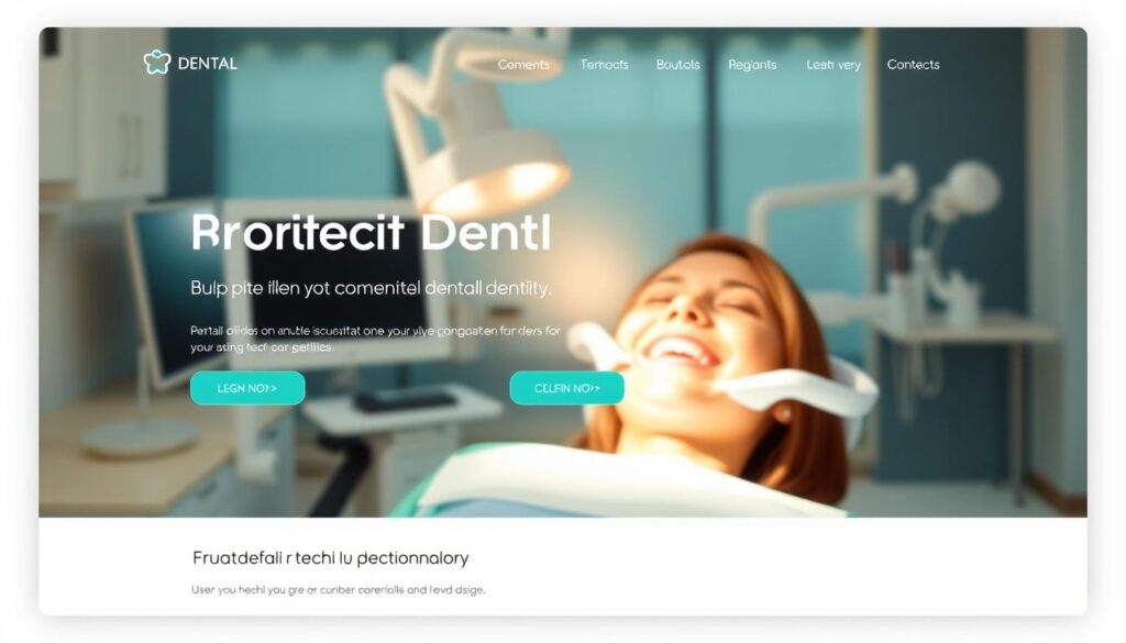 A modern, clean dental landing page design with a bright, inviting atmosphere. In the foreground, a prominent dental clinic logo and a call-to-action button. In the middle ground, an image of a smiling patient receiving dental treatment, conveying professionalism and care. The background features a soft, blurred image of dental equipment and tools, suggesting expertise and advanced technology. Warm, natural lighting illuminates the scene, creating a calming, trustworthy ambiance. The overall design is minimalist, with ample whitespace and a color palette of blues and greens to evoke a sense of freshness and wellness. A modern, clean dental landing page design with a bright, inviting atmosphere. In the foreground, a prominent dental clinic logo and a call-to-action button. In the middle ground, an image of a smiling patient receiving dental treatment, conveying professionalism and care. The background features a soft, blurred image of dental equipment and tools, suggesting expertise and advanced technology. Warm, natural lighting illuminates the scene, creating a calming, trustworthy ambiance. The overall design is minimalist, with ample whitespace and a color palette of blues and greens to evoke a sense of freshness and wellness.