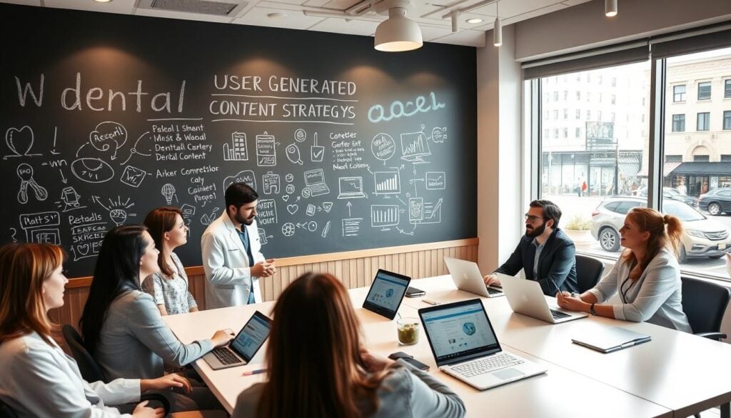 A modern dental office with a chalkboard wall displaying hand-drawn sketches and notes on user-generated content strategies. In the foreground, a team of dental professionals brainstorming ideas, their faces animated with enthusiasm. The middle ground features a large table with laptops, tablets, and social media analytics dashboards. In the background, a window overlooking a bustling city street, suggesting the connected, digital world in which these strategies will thrive. Soft, directional lighting illuminates the scene, creating a warm, collaborative atmosphere.
