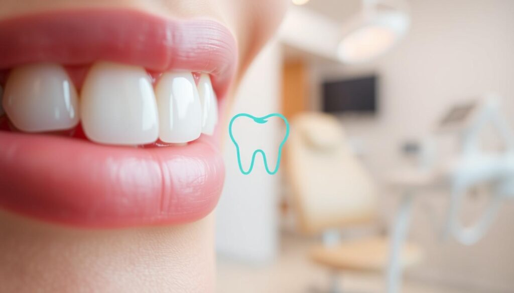 A modern, minimalist dental advertisement against a soft, blurred background. The foreground features a close-up of a set of healthy, aligned teeth with a subtle gleam, conveying a sense of cleanliness and dental excellence. The middle ground showcases a stylized dental icon or logo, rendered in a cool, contemporary color palette. The background subtly hints at a dental clinic setting, with hints of medical equipment or a warm, inviting office atmosphere. The overall mood is one of professionalism, sophistication, and the promise of exceptional dental care.