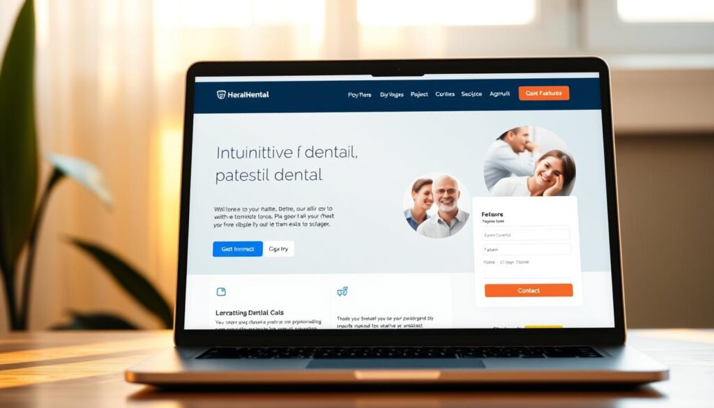A modern, minimalist dental PPC landing page on a laptop screen, showcasing an intuitive user interface with a striking hero image, prominent call-to-action buttons, and clean typography. The layout is optimized for conversion, with sections highlighting key features, patient testimonials, and a contact form. Warm, natural lighting illuminates the scene, creating a professional and trustworthy atmosphere. The page is displayed at a slight angle, emphasizing its responsive and mobile-friendly design. The overall aesthetic conveys a sense of dental expertise, patient-centric care, and digital savvy.
