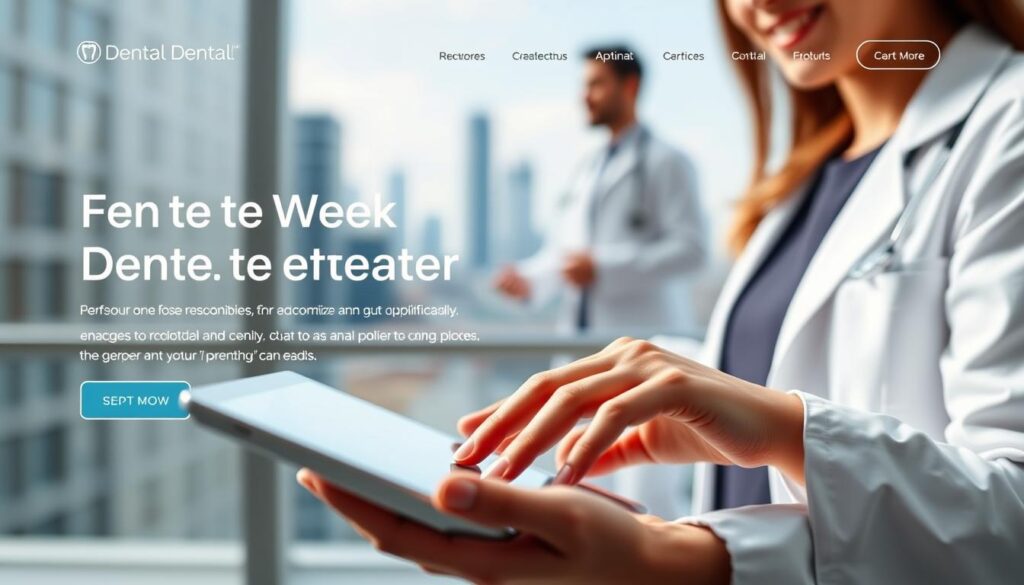 A modern, minimalist dental website with clean, crisp typography and intuitive navigation. In the foreground, a close-up of a patient's hand interacting with a tablet device, showcasing the user-friendly interface. In the middle ground, a dental professional in a white coat standing beside the patient, conveying a sense of personalized care and attention. The background features a blurred cityscape, hinting at the clinic's urban location and accessibility. The lighting is soft and directional, creating a calming, professional atmosphere. The overall composition emphasizes the seamless integration of technology and human expertise, reflecting the website's optimization for a smooth, efficient patient experience.