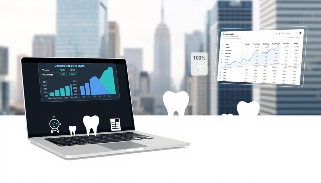 A modern, minimalist illustration showcasing the key elements of a Dental Google Ads ROI calculation. In the foreground, a sleek laptop displays a spreadsheet with financial data and formulas. Above it, a holographic dashboard shows real-time ad performance metrics. In the middle ground, stylized icons representing dental services, patient acquisition costs, and revenue are arranged in a clean, infographic-style layout. The background features a blurred cityscape with towering skyscrapers, conveying a sense of scale and the larger business landscape. The overall mood is professional, data-driven, and focused on maximizing the return on dental Google Ads investment.