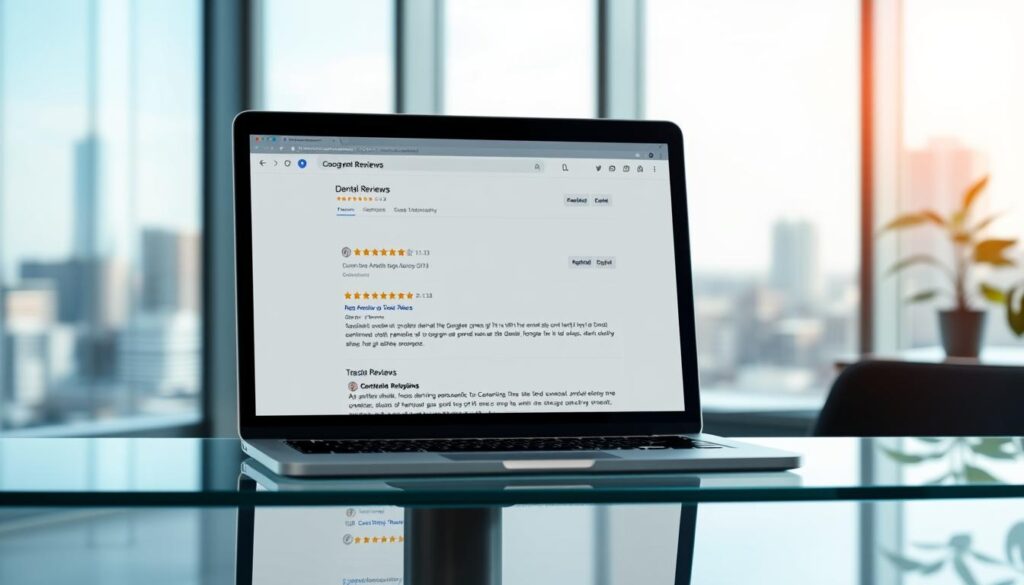 A modern, minimalist office interior with soft natural lighting. On a sleek glass desk, a laptop displays a web browser with Google Reviews for various dental practices. The reviews are displayed in a clean, organized interface, showcasing star ratings, patient comments, and practice information. The background features a blurred cityscape through large windows, conveying a professional, urban atmosphere. The overall mood is one of digital efficiency, trustworthiness, and attention to detail - qualities essential for dental practices to cultivate their online reputation. A modern, minimalist office interior with soft natural lighting. On a sleek glass desk, a laptop displays a web browser with Google Reviews for various dental practices. The reviews are displayed in a clean, organized interface, showcasing star ratings, patient comments, and practice information. The background features a blurred cityscape through large windows, conveying a professional, urban atmosphere. The overall mood is one of digital efficiency, trustworthiness, and attention to detail - qualities essential for dental practices to cultivate their online reputation.