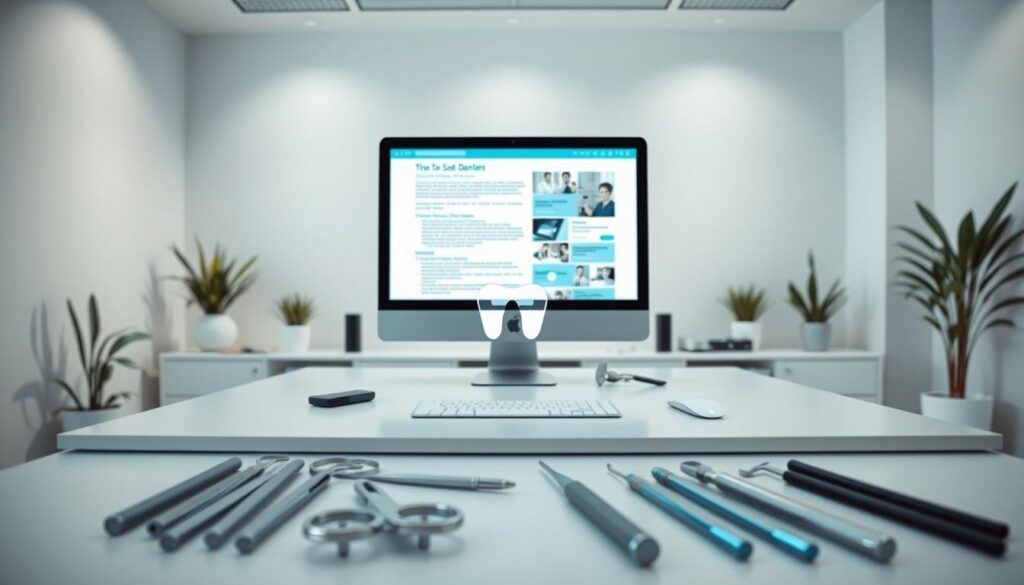 A modern, minimalist office setting with a large, sleek desk showcasing dental-related content on a computer screen. In the foreground, various dental tools and instruments are neatly arranged, creating a sense of professionalism and attention to detail. The middle ground features a stylized dental logo or icon, subtly hinting at the SEO-driven nature of the content. The background is softly lit, with a neutral color palette and a few potted plants, evoking a calming, productive atmosphere. The overall composition conveys the idea of thoughtfully crafted, SEO-optimized dental content. A modern, minimalist office setting with a large, sleek desk showcasing dental-related content on a computer screen. In the foreground, various dental tools and instruments are neatly arranged, creating a sense of professionalism and attention to detail. The middle ground features a stylized dental logo or icon, subtly hinting at the SEO-driven nature of the content. The background is softly lit, with a neutral color palette and a few potted plants, evoking a calming, productive atmosphere. The overall composition conveys the idea of thoughtfully crafted, SEO-optimized dental content.