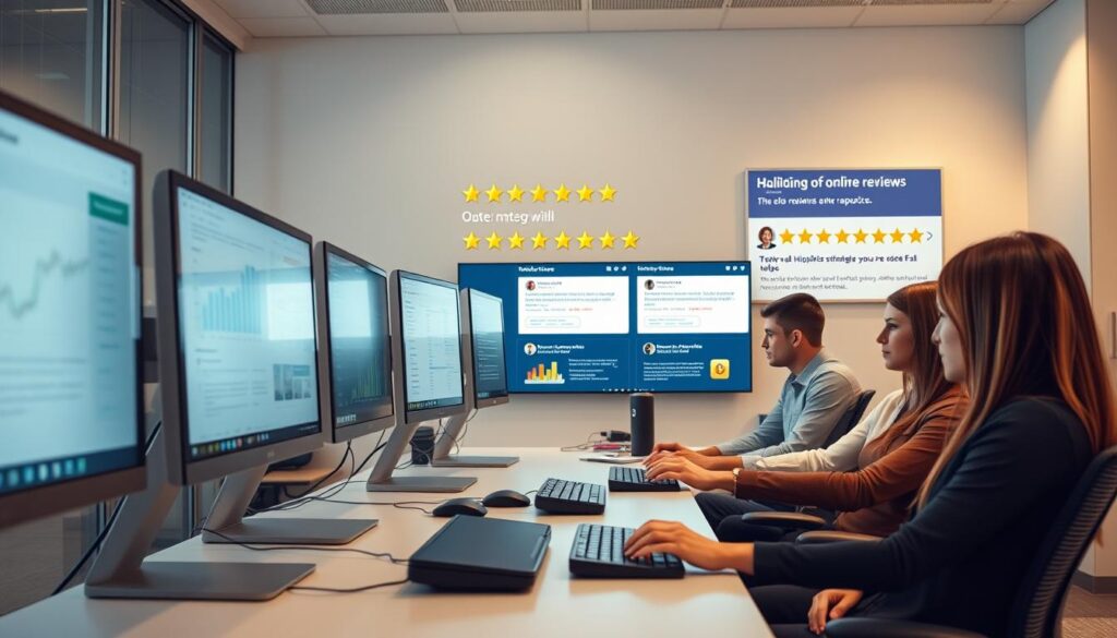 A modern office space, bathed in soft, warm lighting. In the foreground, a sleek, minimalist computer workstation with multiple screens displaying analytics dashboards and review aggregation interfaces. The middle ground features a team of professionals, hands poised over keyboards, intently focused on the task at hand - automating the curation and generation of online reviews for a dental practice. In the background, a wall-mounted display showcases positive customer testimonials and star ratings, reflecting the seamless integration of this automated review system. The scene conveys efficiency, precision, and a commitment to enhancing the online reputation of the dental practice. A modern office space, bathed in soft, warm lighting. In the foreground, a sleek, minimalist computer workstation with multiple screens displaying analytics dashboards and review aggregation interfaces. The middle ground features a team of professionals, hands poised over keyboards, intently focused on the task at hand - automating the curation and generation of online reviews for a dental practice. In the background, a wall-mounted display showcases positive customer testimonials and star ratings, reflecting the seamless integration of this automated review system. The scene conveys efficiency, precision, and a commitment to enhancing the online reputation of the dental practice.