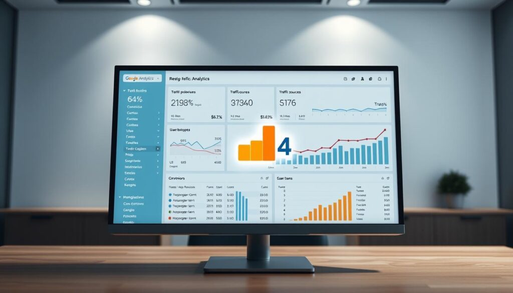 A neatly organized dashboard displaying real-time Google Analytics 4 (GA4) conversion tracking data. In the foreground, a sleek computer monitor showcases conversion metrics, traffic sources, and user behavior insights. The middle ground features a stylized GA4 logo, casting a subtle glow. In the background, a minimalist office setting with clean lines and muted colors creates a professional, analytical atmosphere. Soft, directional lighting illuminates the scene, emphasizing the data visualization. The overall composition conveys efficiency, attention to detail, and a data-driven approach to optimizing dental PPC campaigns.