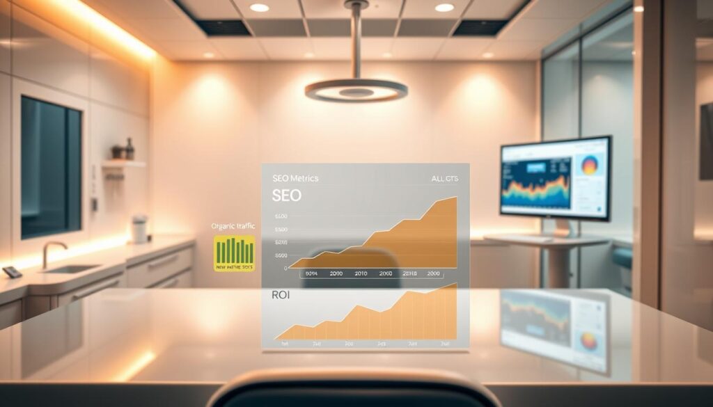 A pristine dental clinic, illuminated by warm, natural lighting, its sleek surfaces and modern aesthetic conveying an air of clinical excellence. In the foreground, a sophisticated dashboard displays key SEO metrics - organic traffic, keyword rankings, conversion rates, and ROI calculations, all neatly organized and color-coded. The middle ground features a stylized graph illustrating the positive trend in new patient acquisition, underscoring the tangible business impact of the dental practice's SEO efforts. In the background, a computer monitor displays a website analytics interface, with insightful data visualizations highlighting the practice's online visibility and engagement. The overall scene exudes a sense of data-driven professionalism, showcasing the dental practice's commitment to leveraging digital marketing to drive sustainable growth. A pristine dental clinic, illuminated by warm, natural lighting, its sleek surfaces and modern aesthetic conveying an air of clinical excellence. In the foreground, a sophisticated dashboard displays key SEO metrics - organic traffic, keyword rankings, conversion rates, and ROI calculations, all neatly organized and color-coded. The middle ground features a stylized graph illustrating the positive trend in new patient acquisition, underscoring the tangible business impact of the dental practice's SEO efforts. In the background, a computer monitor displays a website analytics interface, with insightful data visualizations highlighting the practice's online visibility and engagement. The overall scene exudes a sense of data-driven professionalism, showcasing the dental practice's commitment to leveraging digital marketing to drive sustainable growth.