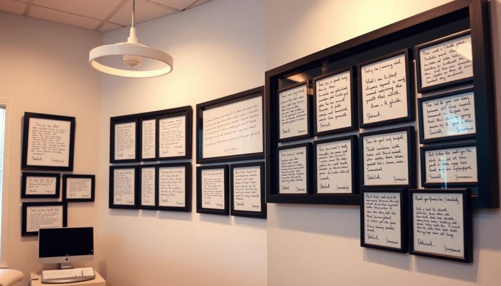 A professional dental office interior with a clean, modern design. On the walls, a collage of framed patient testimonials displayed in a visually appealing layout, with handwritten notes and signatures. The lighting is warm and inviting, creating a calm and trustworthy atmosphere. The camera angle is slightly elevated, capturing the entire scene from an angle that suggests a sense of credibility and authority. The overall composition conveys a message of patient satisfaction, quality care, and social proof. A professional dental office interior with a clean, modern design. On the walls, a collage of framed patient testimonials displayed in a visually appealing layout, with handwritten notes and signatures. The lighting is warm and inviting, creating a calm and trustworthy atmosphere. The camera angle is slightly elevated, capturing the entire scene from an angle that suggests a sense of credibility and authority. The overall composition conveys a message of patient satisfaction, quality care, and social proof.