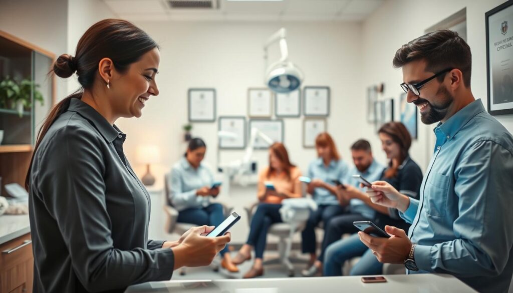 A professional dental office with a warm, inviting atmosphere. In the foreground, a receptionist greets a patient, their expressions conveying a positive, trustworthy interaction. In the middle ground, patients in the waiting area peruse positive online reviews on their smartphones, their faces lit by the soft glow of the screen. The background features a clean, modern interior design with dental equipment and certificates, instilling a sense of competence and expertise. Gentle lighting casts a calming ambiance, and the overall composition suggests a well-managed practice focused on patient satisfaction and reputation.