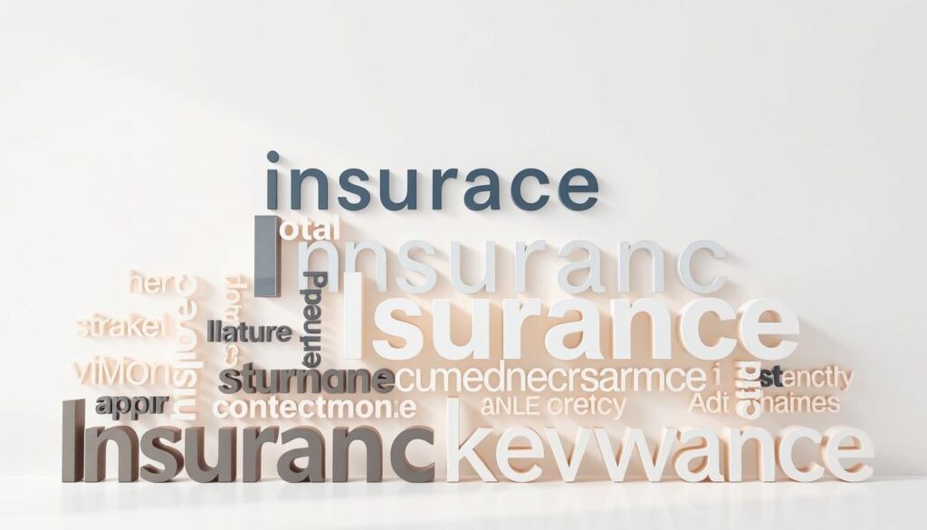 A professional photograph of a varied assortment of insurance-related keywords against a clean, minimalist background. The keywords are displayed in a visually appealing and organized manner, using a mix of bold, italicized, and regular font styles to create visual hierarchy. The keywords are rendered in a soft, muted color palette that conveys a sense of professionalism and trustworthiness. The lighting is soft and diffused, creating a sense of depth and dimensionality. The overall composition is well-balanced, with the keywords taking up the majority of the frame, leaving ample negative space to draw the viewer's attention to the key elements. The image has a crisp, high-quality resolution and a shallow depth of field, further emphasizing the focus on the keywords.