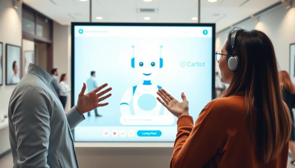 A professional, well-lit, high-resolution image of a dental practice lobby, with a central focus on a chatbot interface displayed on a large touchscreen monitor. The chatbot has a friendly, approachable visual design, with soothing colors and a calming demeanor. In the foreground, a dental patient is engaged with the chatbot, gesturing and interacting with the screen. In the background, the lobby is populated with other patients, creating a sense of a bustling, yet serene, dental office environment. The lighting is soft and diffused, creating a warm and inviting atmosphere. The image conveys the idea of leveraging cutting-edge technology to enhance the patient experience and streamline dental practice operations.