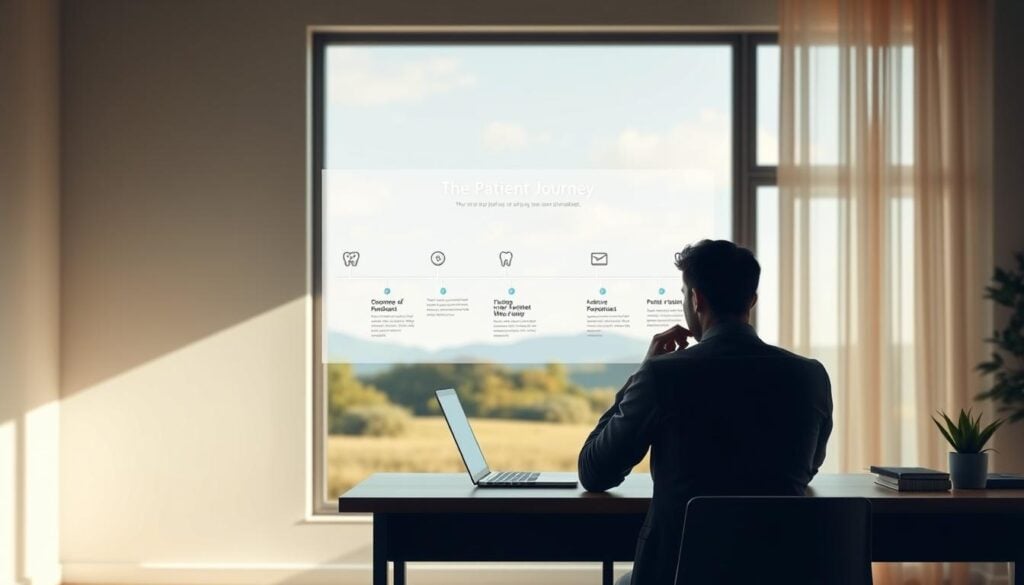 A serene, well-lit interior setting showcasing the patient journey through a dental website. In the foreground, a person sits thoughtfully at a desk, laptop open, considering their options. The middle ground features a stylized patient journey map, with distinct stages represented by icons and flowing lines. In the background, a large window overlooks a calming, nature-inspired landscape, creating a sense of tranquility. The overall scene conveys an atmosphere of thoughtful consideration, user-centric design, and a welcoming, professional experience. A serene, well-lit interior setting showcasing the patient journey through a dental website. In the foreground, a person sits thoughtfully at a desk, laptop open, considering their options. The middle ground features a stylized patient journey map, with distinct stages represented by icons and flowing lines. In the background, a large window overlooks a calming, nature-inspired landscape, creating a sense of tranquility. The overall scene conveys an atmosphere of thoughtful consideration, user-centric design, and a welcoming, professional experience.