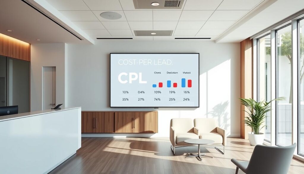 A sleek, modern dental office interior with a large digital display showcasing a breakdown of "Cost Per Lead" metrics for dentistry. The foreground features a minimalist reception desk and comfortable seating area, with a warm, inviting atmosphere. The middle ground highlights the prominent display, presenting the CPL data in an intuitive and visually appealing manner. The background depicts floor-to-ceiling windows, allowing natural light to flood the space and create a sense of openness and transparency. The overall composition conveys a professional, data-driven approach to dental marketing and patient acquisition, with a focus on clearly communicating the key cost-per-lead insights.