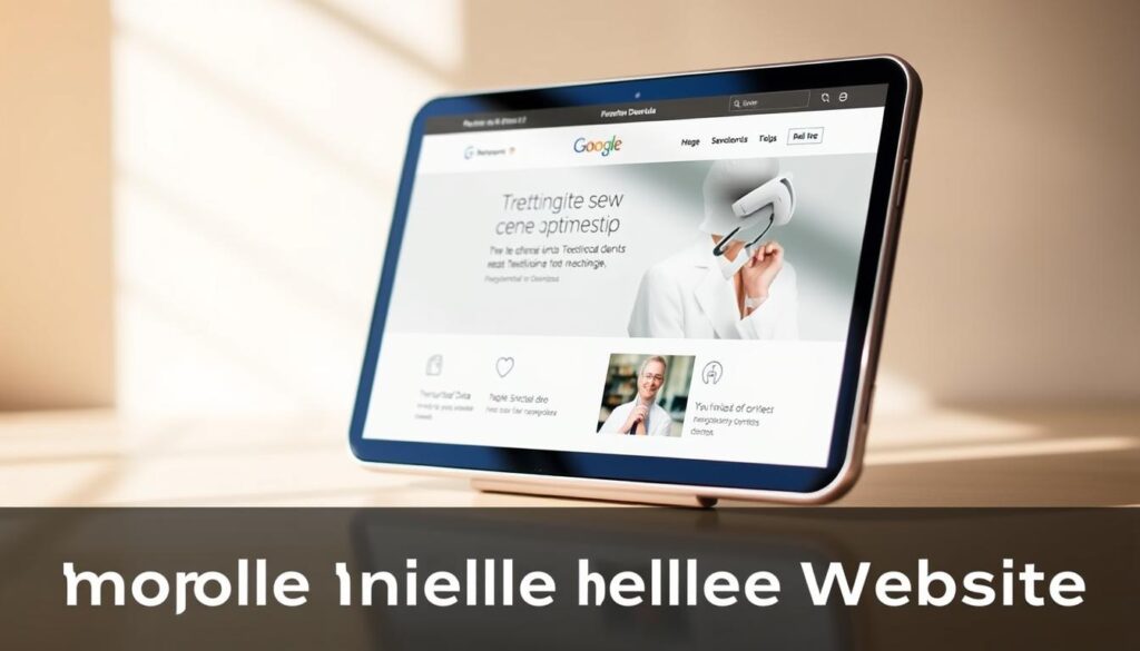 A sleek, modern dental website displayed on a responsive mobile device, with a clean, intuitive user interface optimized for smooth navigation and easy access to key information. The screen showcases various technical SEO elements like structured data, fast loading times, and mobile-friendly design. The scene is bathed in warm, natural lighting, creating a calming, professional atmosphere. The device is angled slightly, highlighting the website's elegant layout and attention to detail. The background is minimalist, keeping the focus on the mobile optimization for dental websites. A sleek, modern dental website displayed on a responsive mobile device, with a clean, intuitive user interface optimized for smooth navigation and easy access to key information. The screen showcases various technical SEO elements like structured data, fast loading times, and mobile-friendly design. The scene is bathed in warm, natural lighting, creating a calming, professional atmosphere. The device is angled slightly, highlighting the website's elegant layout and attention to detail. The background is minimalist, keeping the focus on the mobile optimization for dental websites.