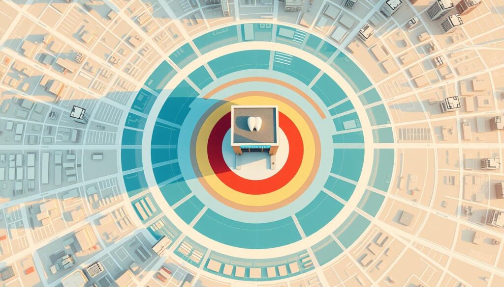 A top-down aerial view of a city map with concentric rings radiating outward from a central dental clinic, representing the geographic radius of patient targeting. The map is meticulously detailed, with roads, buildings, and landmarks clearly visible. The center of the image focuses on the dental clinic, rendered in a modern, minimalist style with a prominent signage. The surrounding rings are color-coded, with the innermost ring in a vibrant hue, transitioning to softer tones as the distance increases, symbolizing the targeted patient density. The image is illuminated by a warm, natural light, creating a sense of clarity and focus. The overall composition conveys the strategic optimization of geographic reach for the dental clinic's advertising efforts. A top-down aerial view of a city map with concentric rings radiating outward from a central dental clinic, representing the geographic radius of patient targeting. The map is meticulously detailed, with roads, buildings, and landmarks clearly visible. The center of the image focuses on the dental clinic, rendered in a modern, minimalist style with a prominent signage. The surrounding rings are color-coded, with the innermost ring in a vibrant hue, transitioning to softer tones as the distance increases, symbolizing the targeted patient density. The image is illuminated by a warm, natural light, creating a sense of clarity and focus. The overall composition conveys the strategic optimization of geographic reach for the dental clinic's advertising efforts.