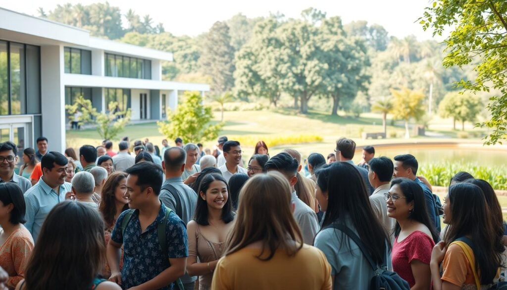 A vibrant community gathering, a hub of activity and connection. In the foreground, a diverse group of people engaged in friendly conversation, their expressions warm and welcoming. The middle ground features a well-designed, modern building with clean lines and large windows, inviting passersby to explore. In the background, a lush, verdant landscape with trees and a serene pond, creating a sense of tranquility and balance. The lighting is soft and natural, casting a glow over the scene. The overall atmosphere exudes a feeling of togetherness, where individuals from all walks of life come together to build and nurture a thriving community.