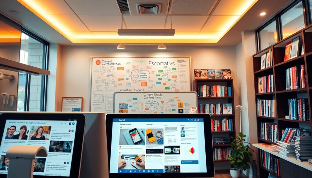 A vibrant dental office interior with a prominent content marketing display. In the foreground, a sleek touchscreen monitor showcases a series of engaging blog posts and social media content. The middle ground features a large whiteboard covered in colorful diagrams and mind maps, demonstrating the practice's expertise. In the background, bookshelves filled with dental journals and magazines suggest an atmosphere of authority and thought leadership. Warm, indirect lighting casts a professional glow, while large windows allow natural light to filter in. The overall scene conveys a sense of modern, evidence-based dentistry focused on educating and empowering patients.
