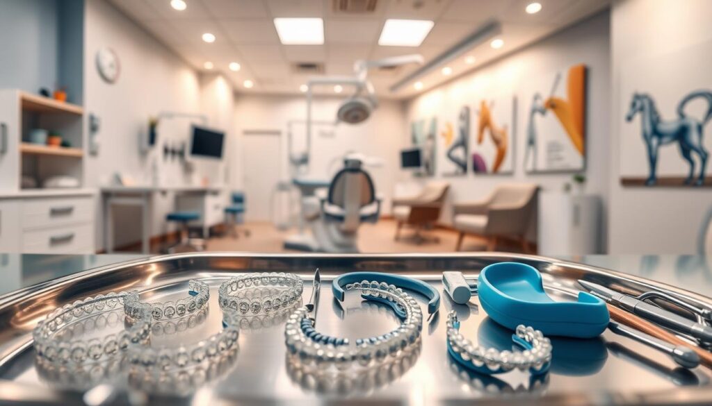 A vibrant, detailed orthodontic clinic interior scene. In the foreground, an array of braces, retainers, and dental tools are neatly arranged on a stainless steel tray, casting soft shadows. The middle ground features an open, well-lit treatment room with modern dental equipment, illuminated by warm, overhead lighting. In the background, a panoramic view of the clinic's waiting area, with comfortable seating and eye-catching orthodontic artwork on the walls, conveying a sense of professionalism and patient care. The overall atmosphere is clean, inviting, and focused on the latest advancements in orthodontic technology.