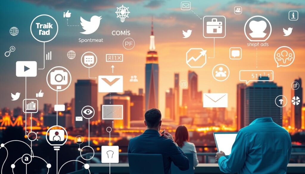 A vibrant digital landscape with a central focus on social media channels. In the foreground, various icons and symbols representing paid advertising tactics - sponsored posts, targeted ads, influencer partnerships, and boosted content. The middle ground depicts a team of social media managers strategizing, analyzing data, and optimizing campaigns. In the background, a city skyline with towering skyscrapers, symbolizing the scale and reach of digital marketing. Warm lighting creates a sense of professionalism and innovation, while a subtle blue tone evokes the trustworthiness and reliability of the dental practice's online presence. Shot with a wide-angle lens to capture the full breadth of the scene. A vibrant digital landscape with a central focus on social media channels. In the foreground, various icons and symbols representing paid advertising tactics - sponsored posts, targeted ads, influencer partnerships, and boosted content. The middle ground depicts a team of social media managers strategizing, analyzing data, and optimizing campaigns. In the background, a city skyline with towering skyscrapers, symbolizing the scale and reach of digital marketing. Warm lighting creates a sense of professionalism and innovation, while a subtle blue tone evokes the trustworthiness and reliability of the dental practice's online presence. Shot with a wide-angle lens to capture the full breadth of the scene.