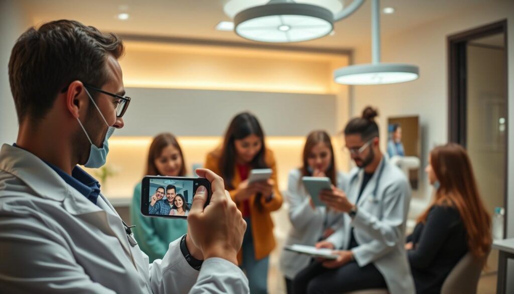 A vibrant, engaging social media scene showcasing dental practice activities. In the foreground, a dentist is interacting with patients on a smartphone, capturing an authentic, candid moment. In the middle ground, dental team members are collaborating on creating eye-catching graphics and videos for their practice's social channels. The background features a sleek, modern dental office interior with warm lighting and clean, minimalist design. The overall atmosphere conveys a sense of connection, professionalism, and a commitment to providing excellent patient experiences through effective digital engagement.