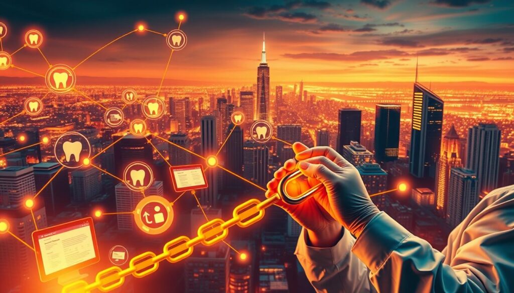 A vibrant, meticulously detailed illustration of dental backlink building strategies. In the foreground, a dental professional crafting a high-quality, authoritative backlink, carefully constructing it to drive referral traffic and boost domain authority. In the middle ground, various dental websites and platforms, each representing potential backlink sources, connected by glowing, golden strands. In the background, a cityscape of skyscrapers and landmarks, symbolizing the broader digital landscape in which these backlink strategies are employed. The scene is bathed in warm, amber lighting, conveying a sense of expertise, professionalism, and strategic vision. Rendered in a photorealistic style, the image captures the nuances and complexities of building a robust, dental-specific backlink profile. A vibrant, meticulously detailed illustration of dental backlink building strategies. In the foreground, a dental professional crafting a high-quality, authoritative backlink, carefully constructing it to drive referral traffic and boost domain authority. In the middle ground, various dental websites and platforms, each representing potential backlink sources, connected by glowing, golden strands. In the background, a cityscape of skyscrapers and landmarks, symbolizing the broader digital landscape in which these backlink strategies are employed. The scene is bathed in warm, amber lighting, conveying a sense of expertise, professionalism, and strategic vision. Rendered in a photorealistic style, the image captures the nuances and complexities of building a robust, dental-specific backlink profile.