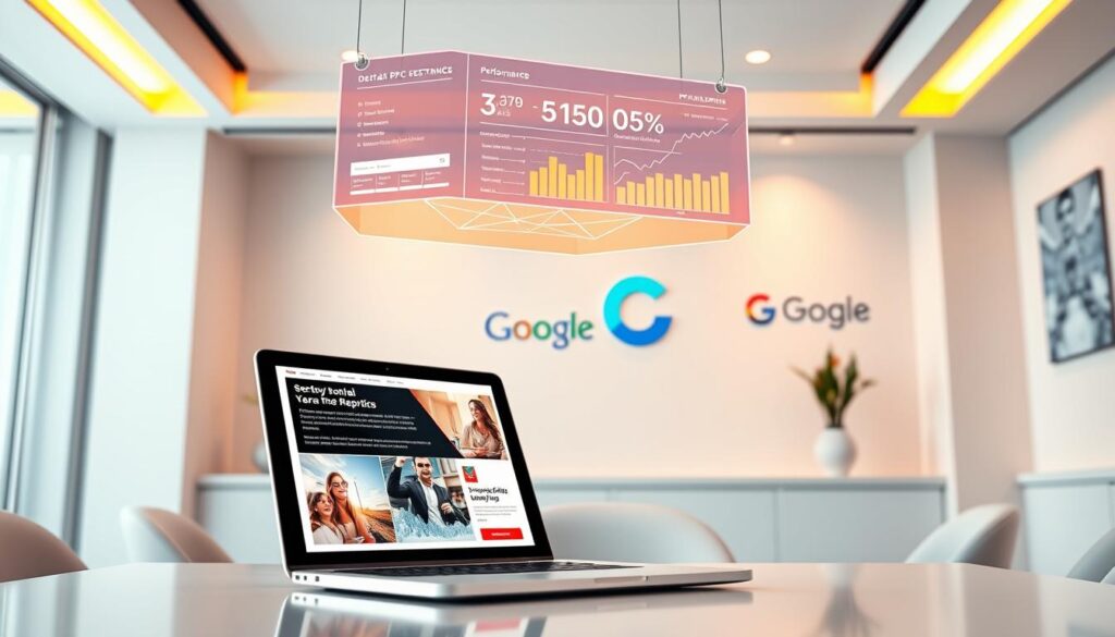 A vibrant, visually compelling dental PPC campaign showcase set in a modern, minimalist office environment. In the foreground, a sleek laptop displays a well-designed PPC ad with eye-catching imagery, strategic ad copy, and a prominent call-to-action. Suspended above, a holographic display presents detailed performance metrics and analytics, illuminated by warm, directional lighting. In the background, subtle geometric patterns and clean surfaces create a professional, high-tech ambiance, while subtle branding elements subtly reinforce the dental practice's identity. The overall scene conveys a sense of data-driven strategy, cutting-edge technology, and a relentless focus on driving dental patient acquisition and maximizing return on investment.