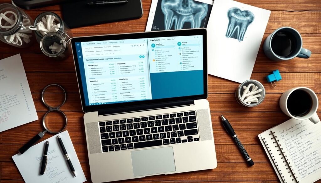 A well-lit, top-down view of a modern desktop with various dental tools and documents. In the foreground, an open laptop displays a keyword research dashboard, showcasing search volume, competition, and relevance for high-intent dental keywords. The middle ground features a magnifying glass, a pen, and a notebook filled with handwritten notes. The background includes a dental x-ray, a jar of dental floss, and a mug of coffee, creating a professional, research-oriented atmosphere. The scene is captured with a shallow depth of field, putting the keyword research in sharp focus.