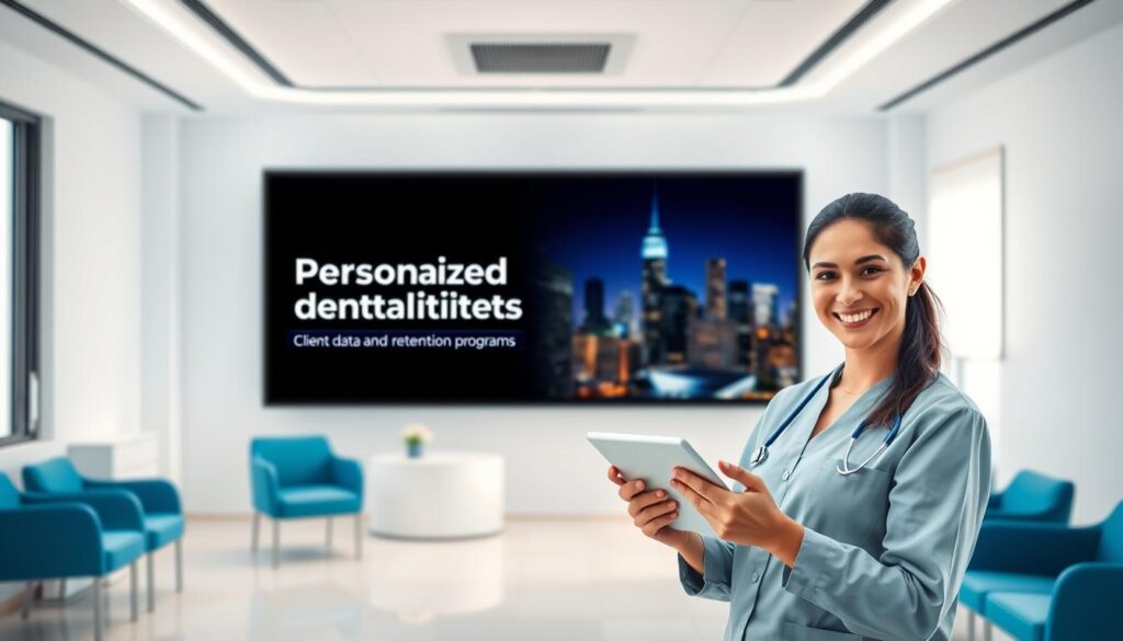 Remarketing strategies for dental practices: A digital billboard showcases personalized dental treatments, surrounded by a minimalist office interior with calming blue accents. In the foreground, a smiling dental hygienist holds a tablet, highlighting client data and retention programs. The background features a city skyline, conveying a professional, tech-savvy practice. Soft, directional lighting illuminates the scene, creating a welcoming, modern atmosphere. The composition emphasizes the integration of digital marketing and personalized patient engagement, reflecting the section's focus on effective remarketing tactics for dental businesses. Remarketing strategies for dental practices: A digital billboard showcases personalized dental treatments, surrounded by a minimalist office interior with calming blue accents. In the foreground, a smiling dental hygienist holds a tablet, highlighting client data and retention programs. The background features a city skyline, conveying a professional, tech-savvy practice. Soft, directional lighting illuminates the scene, creating a welcoming, modern atmosphere. The composition emphasizes the integration of digital marketing and personalized patient engagement, reflecting the section's focus on effective remarketing tactics for dental businesses.